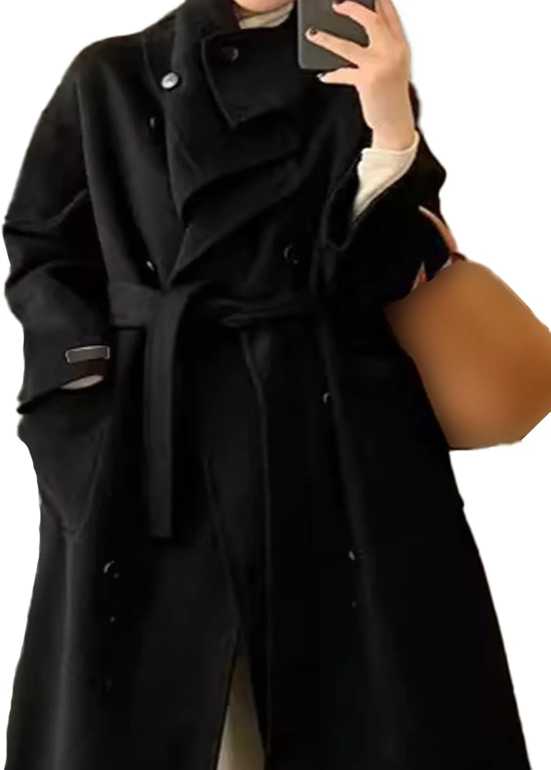 SOMTHRON Women's Winter Trench Coat Wool Blend Double Breasted Stand Collar Belted Jacket Mid Long Pea Coat Overcoat