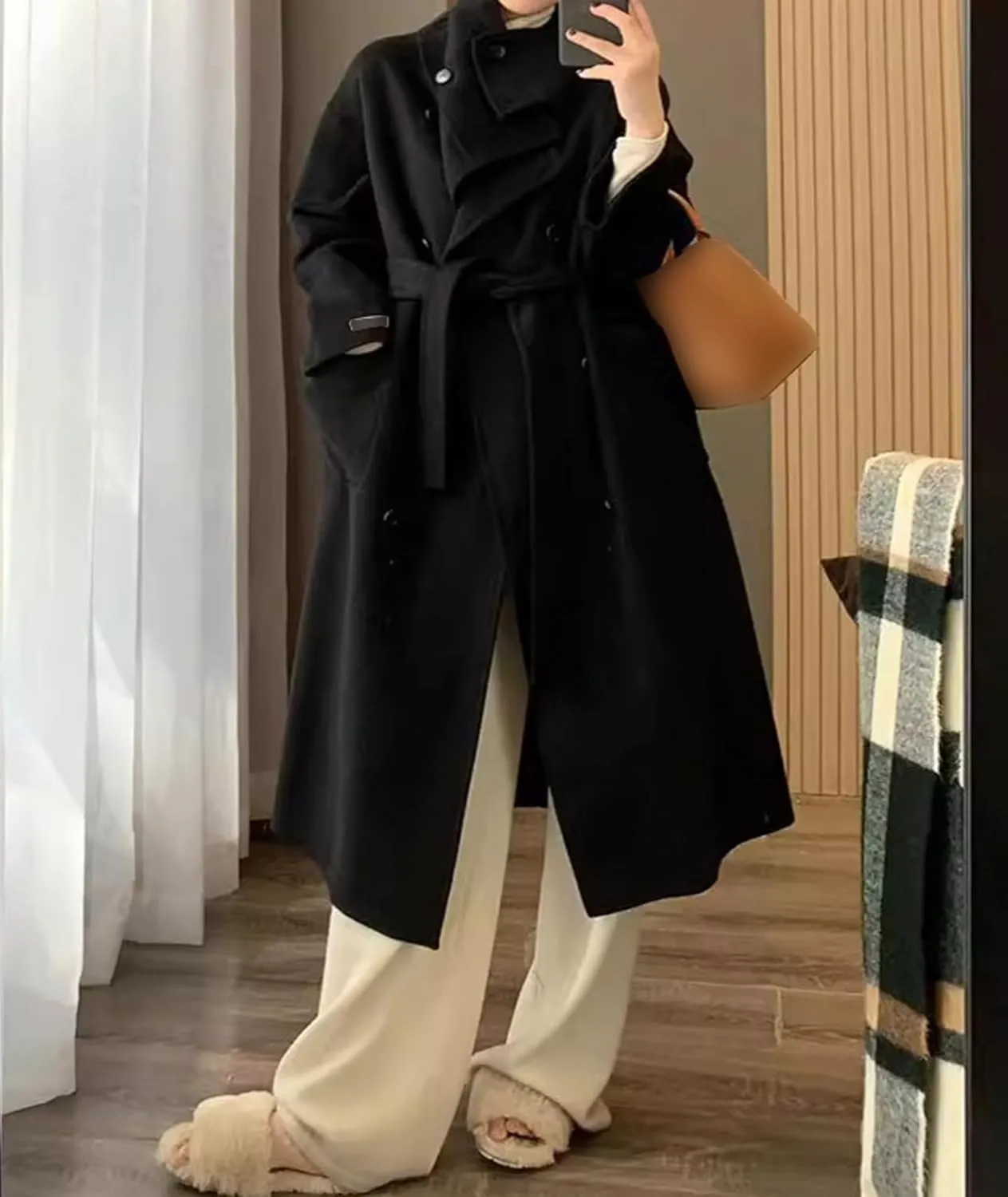 SOMTHRON Women's Winter Trench Coat Wool Blend Double Breasted Stand Collar Belted Jacket Mid Long Pea Coat Overcoat