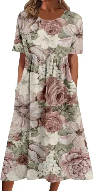 Summer Dresses for Women 2025 Casual Short Sleeve Floral Tshirt Dress Loose Boho Flowy Long Dresses with Pockets