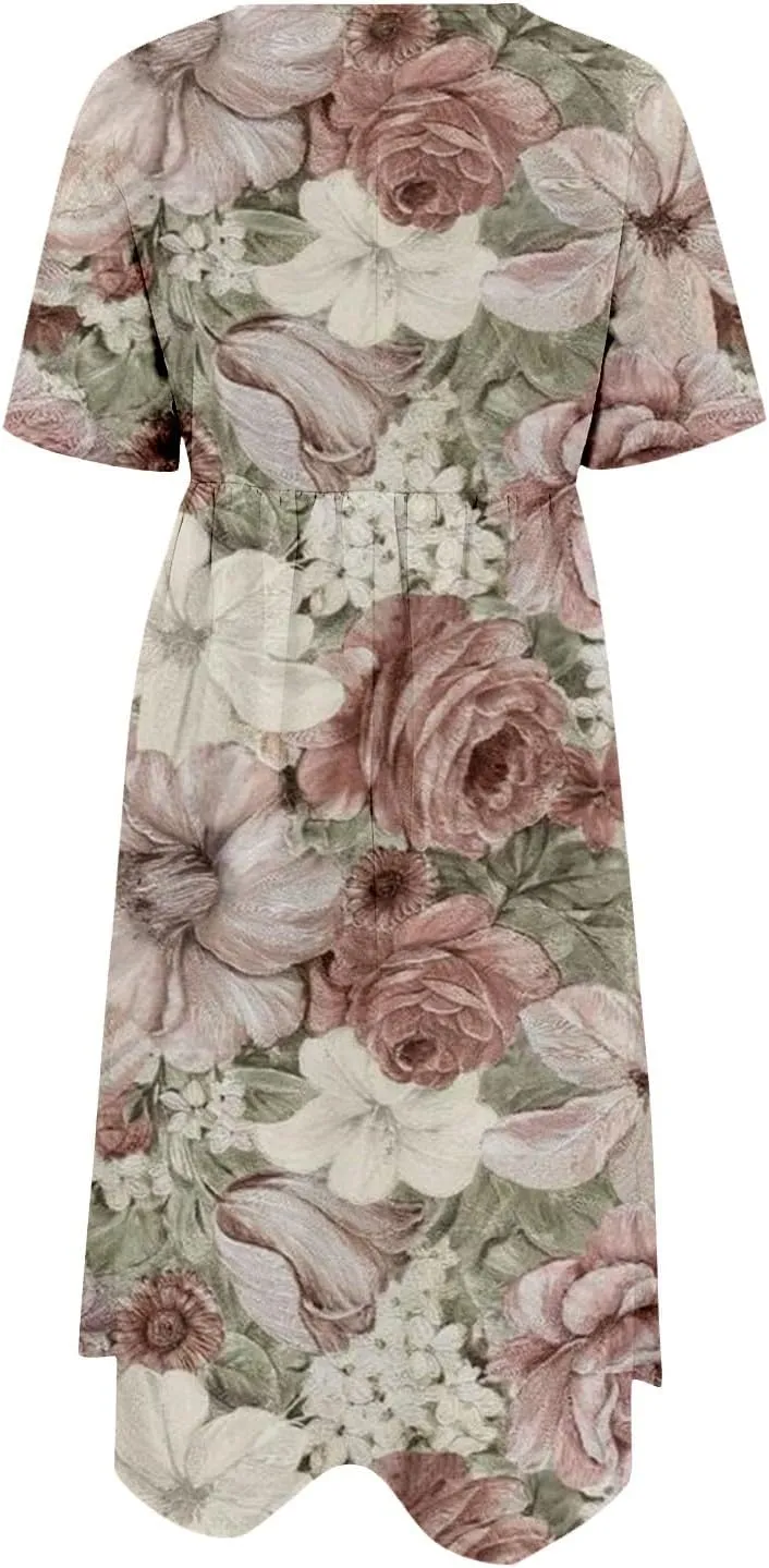 Summer Dresses for Women 2025 Casual Short Sleeve Floral Tshirt Dress Loose Boho Flowy Long Dresses with Pockets