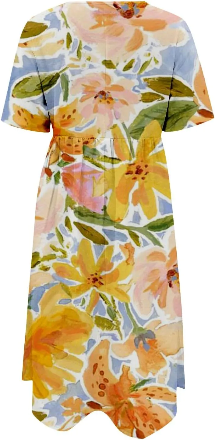 Summer Dresses for Women 2025 Casual Short Sleeve Floral Tshirt Dress Loose Boho Flowy Long Dresses with Pockets