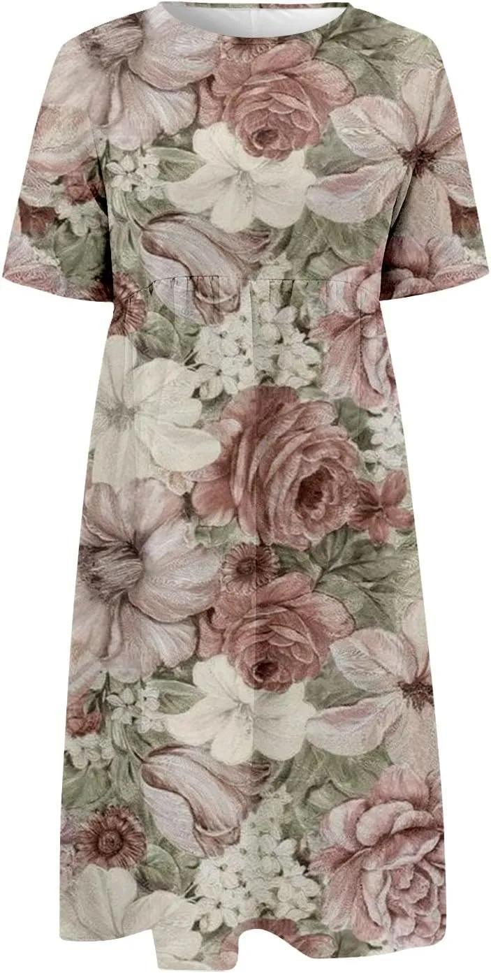Summer Dresses for Women 2025 Casual Short Sleeve Floral Tshirt Dress Loose Boho Flowy Long Dresses with Pockets