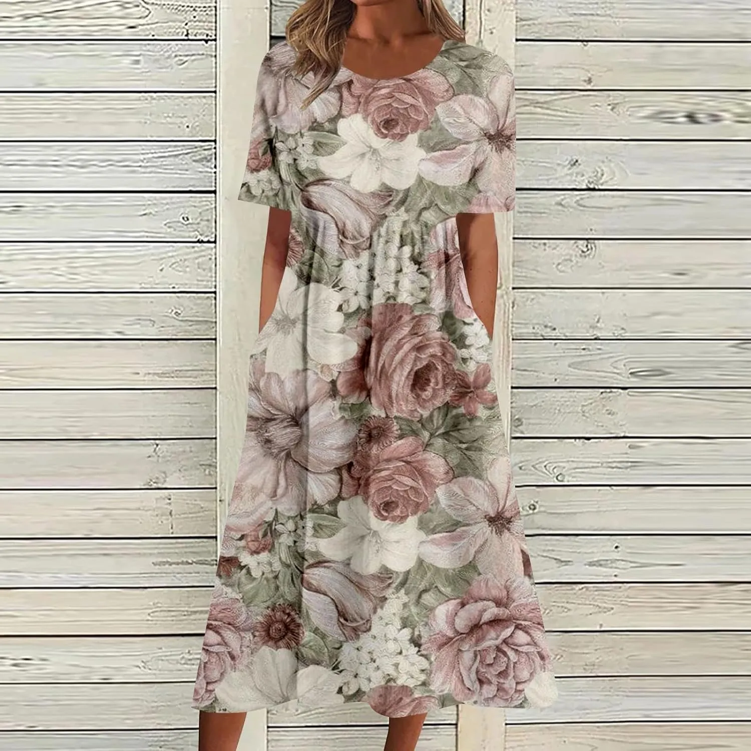 Summer Dresses for Women 2025 Casual Short Sleeve Floral Tshirt Dress Loose Boho Flowy Long Dresses with Pockets