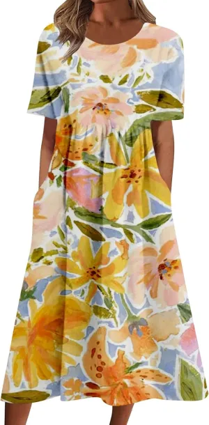 Summer Dresses for Women 2025 Casual Short Sleeve Floral Tshirt Dress Loose Boho Flowy Long Dresses with Pockets