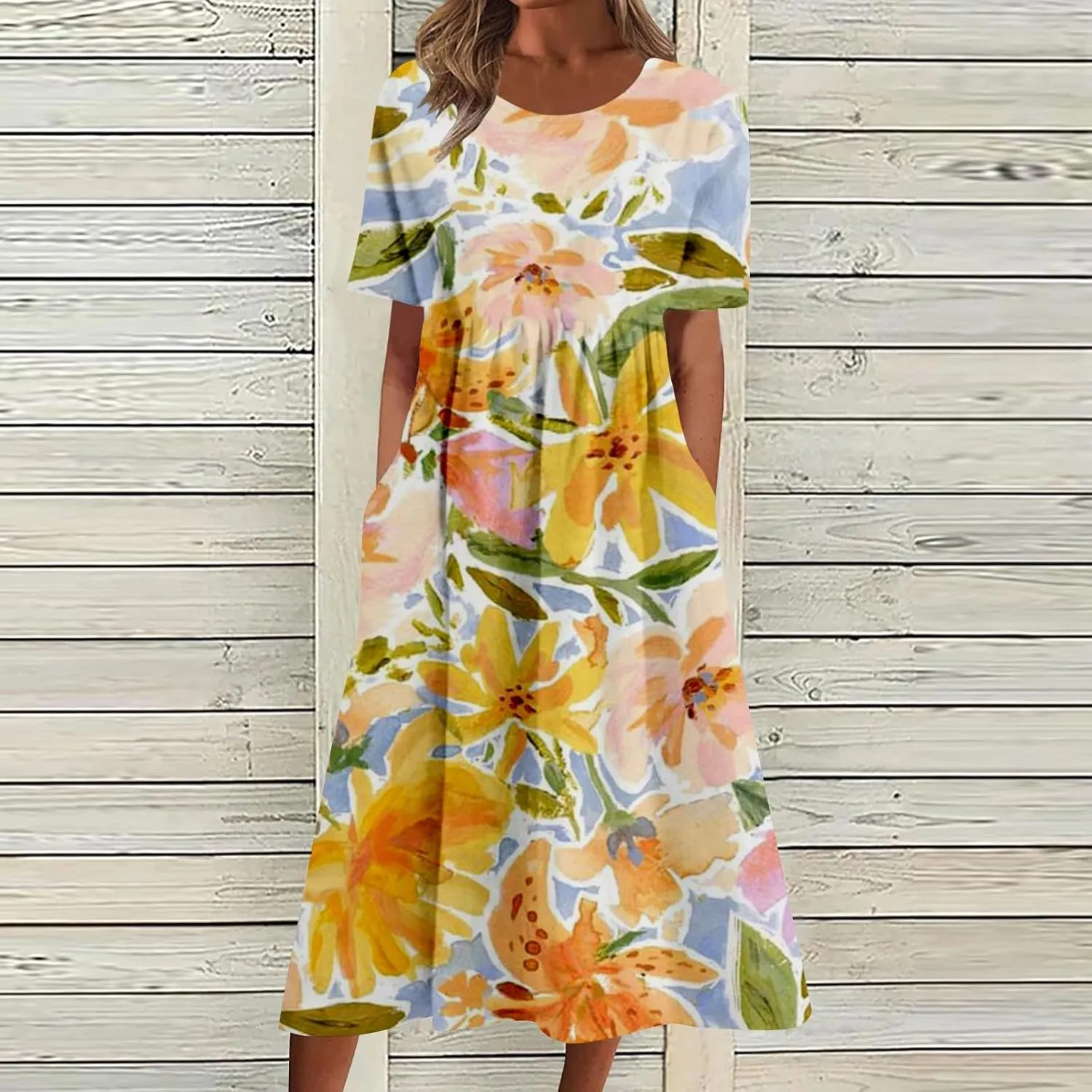 Summer Dresses for Women 2025 Casual Short Sleeve Floral Tshirt Dress Loose Boho Flowy Long Dresses with Pockets