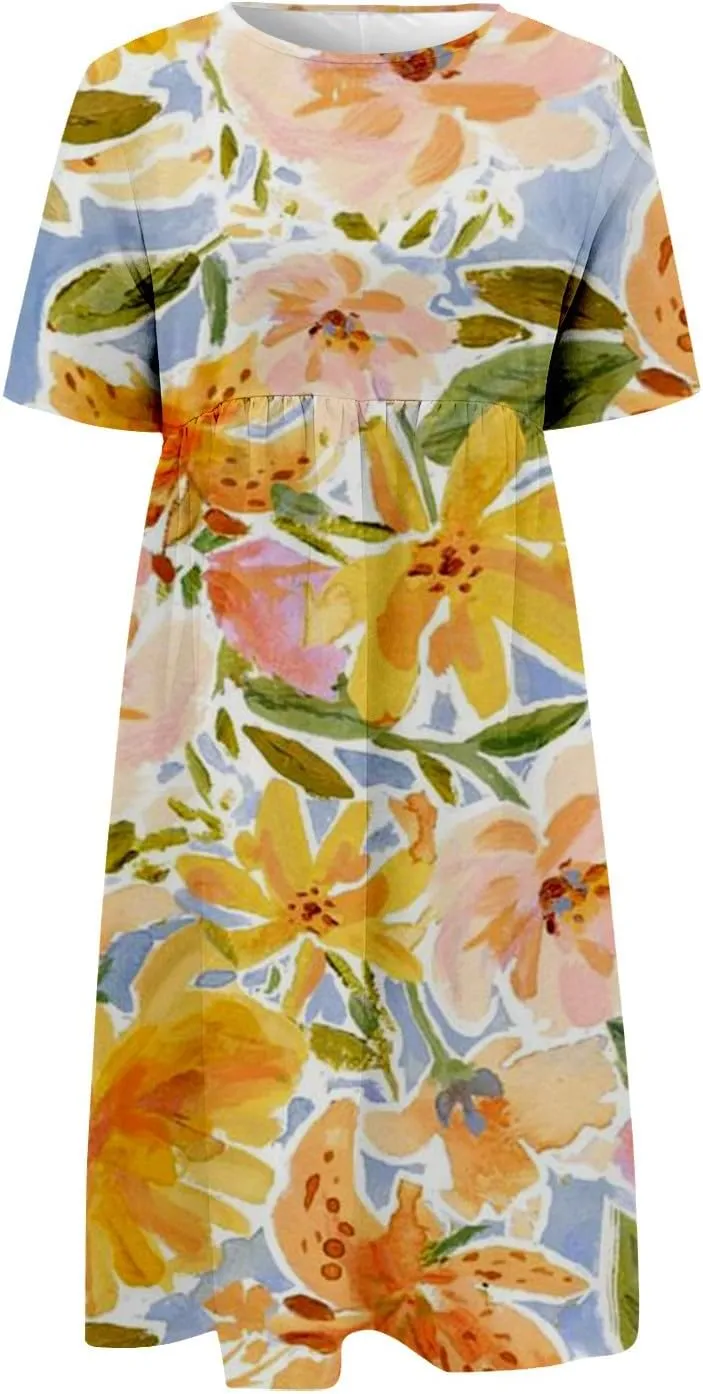 Summer Dresses for Women 2025 Casual Short Sleeve Floral Tshirt Dress Loose Boho Flowy Long Dresses with Pockets