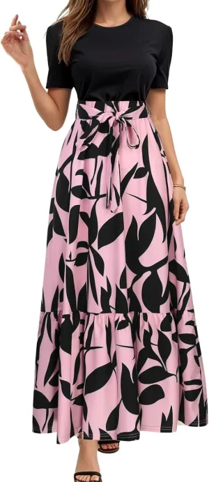 Summer Dresses for Women 2025 Trendy Floral Print Wrap Short Sleeve Maxi Dress Patchwork Ruffle Hem A Line Dress