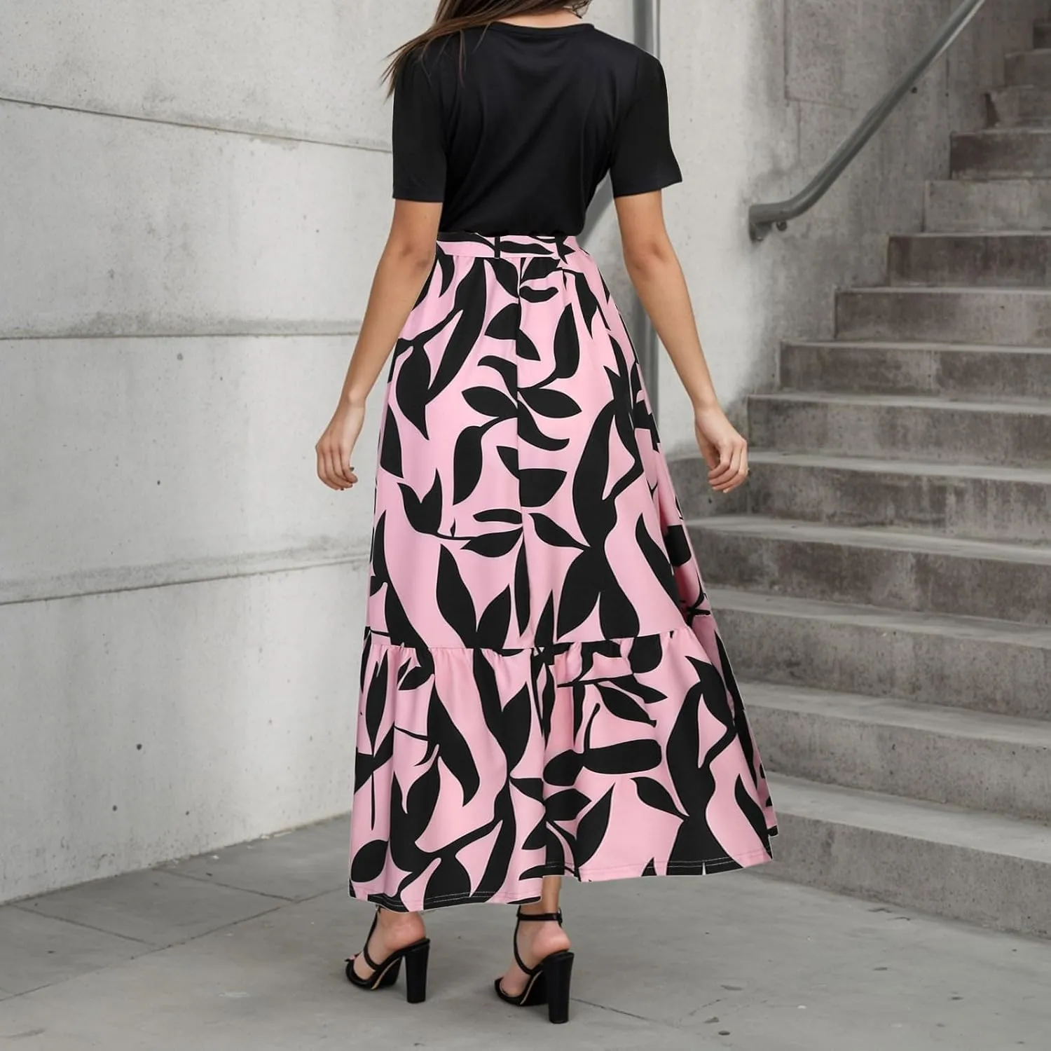Summer Dresses for Women 2025 Trendy Floral Print Wrap Short Sleeve Maxi Dress Patchwork Ruffle Hem A Line Dress