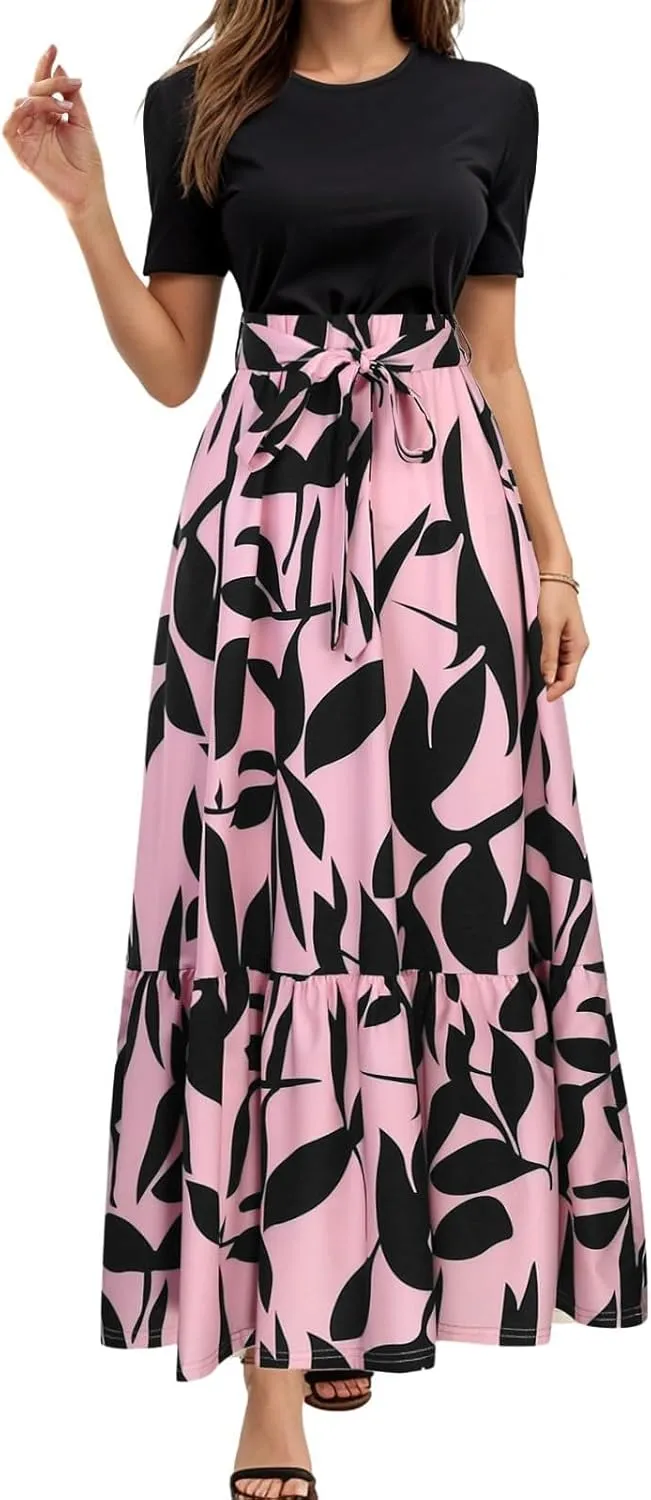 Summer Dresses for Women 2025 Trendy Floral Print Wrap Short Sleeve Maxi Dress Patchwork Ruffle Hem A Line Dress