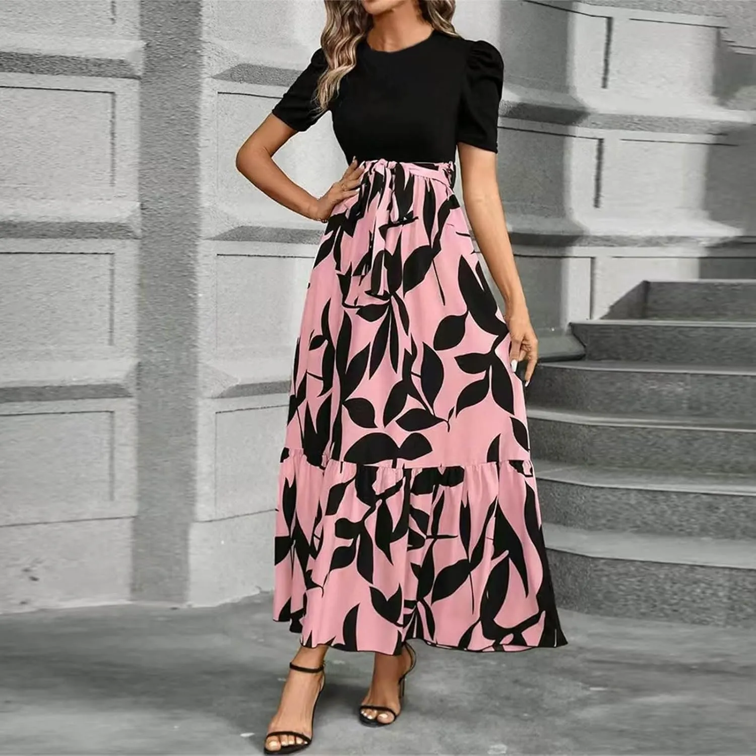 Summer Dresses for Women 2025 Trendy Floral Print Wrap Short Sleeve Maxi Dress Patchwork Ruffle Hem A Line Dress
