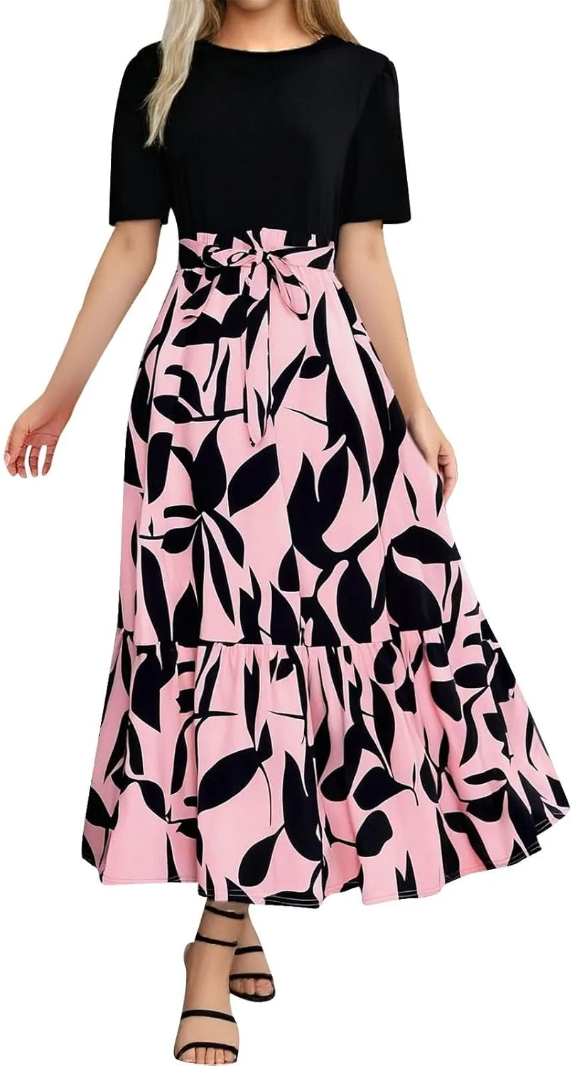 Summer Dresses for Women 2025 Trendy Floral Print Wrap Short Sleeve Maxi Dress Patchwork Ruffle Hem A Line Dress
