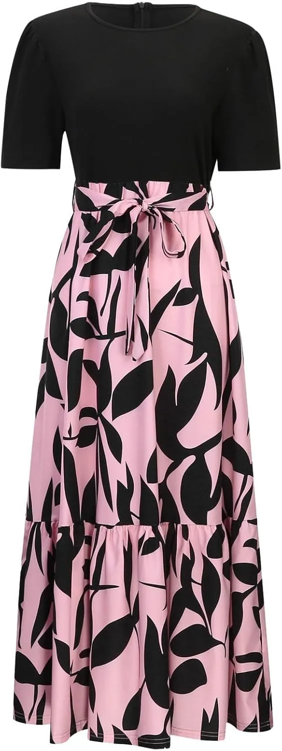 Summer Dresses for Women 2025 Trendy Floral Print Wrap Short Sleeve Maxi Dress Patchwork Ruffle Hem A Line Dress