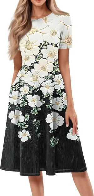 Summer Dresses for Women Short Sleeve O Neck Midi Dresses Elegant Pleated Swing Beach Vacation Sundress with Pocket
