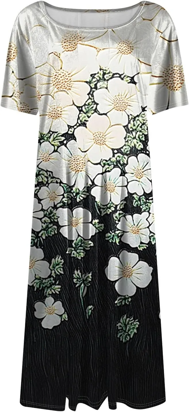 Summer Dresses for Women Short Sleeve O Neck Midi Dresses Elegant Pleated Swing Beach Vacation Sundress with Pocket
