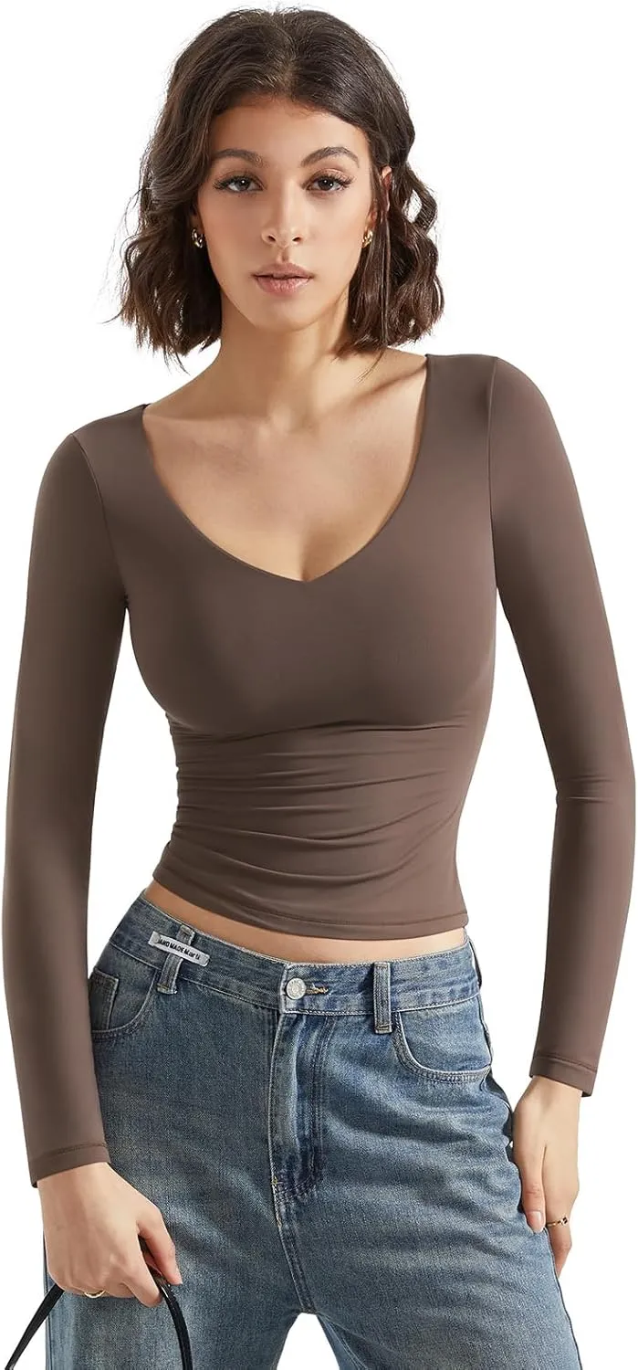SUUKSESS Women Double Lined Casual V Neck Crop Tank Tops Basic Long Sleeve Shirts