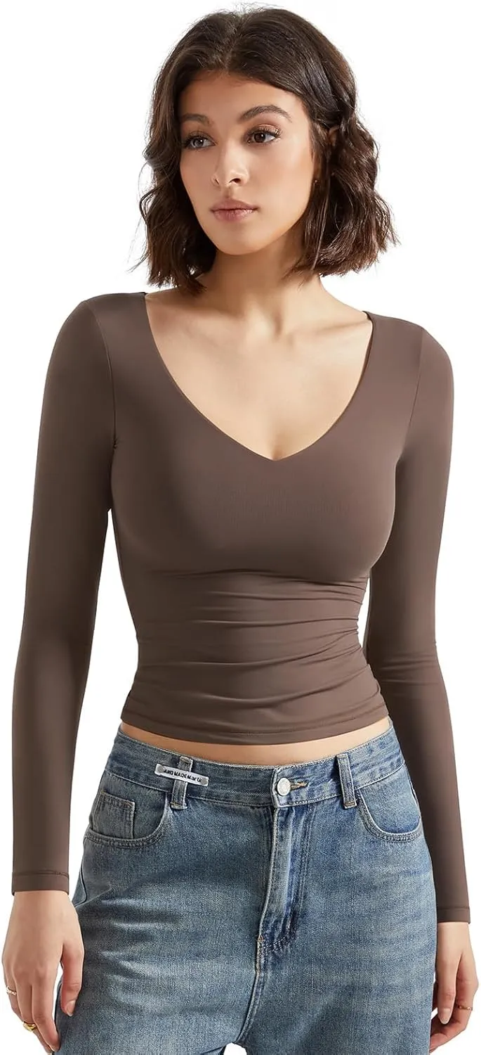 SUUKSESS Women Double Lined Casual V Neck Crop Tank Tops Basic Long Sleeve Shirts