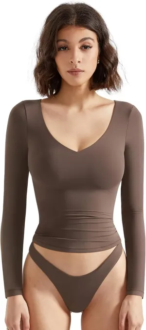 SUUKSESS Women Double Lined Casual V Neck Crop Tank Tops Basic Long Sleeve Shirts