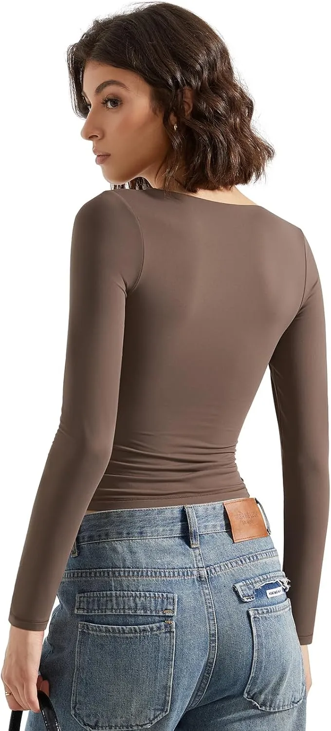 SUUKSESS Women Double Lined Casual V Neck Crop Tank Tops Basic Long Sleeve Shirts