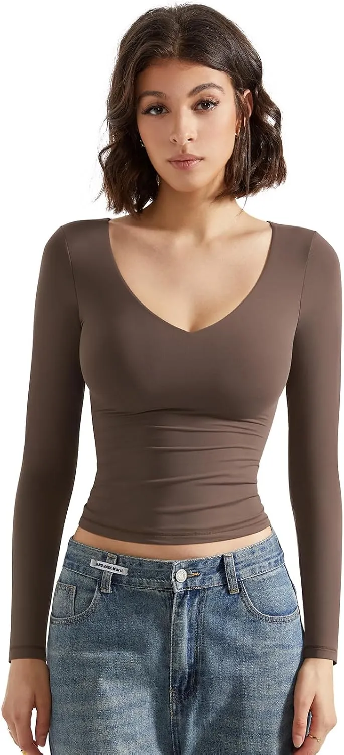 SUUKSESS Women Double Lined Casual V Neck Crop Tank Tops Basic Long Sleeve Shirts