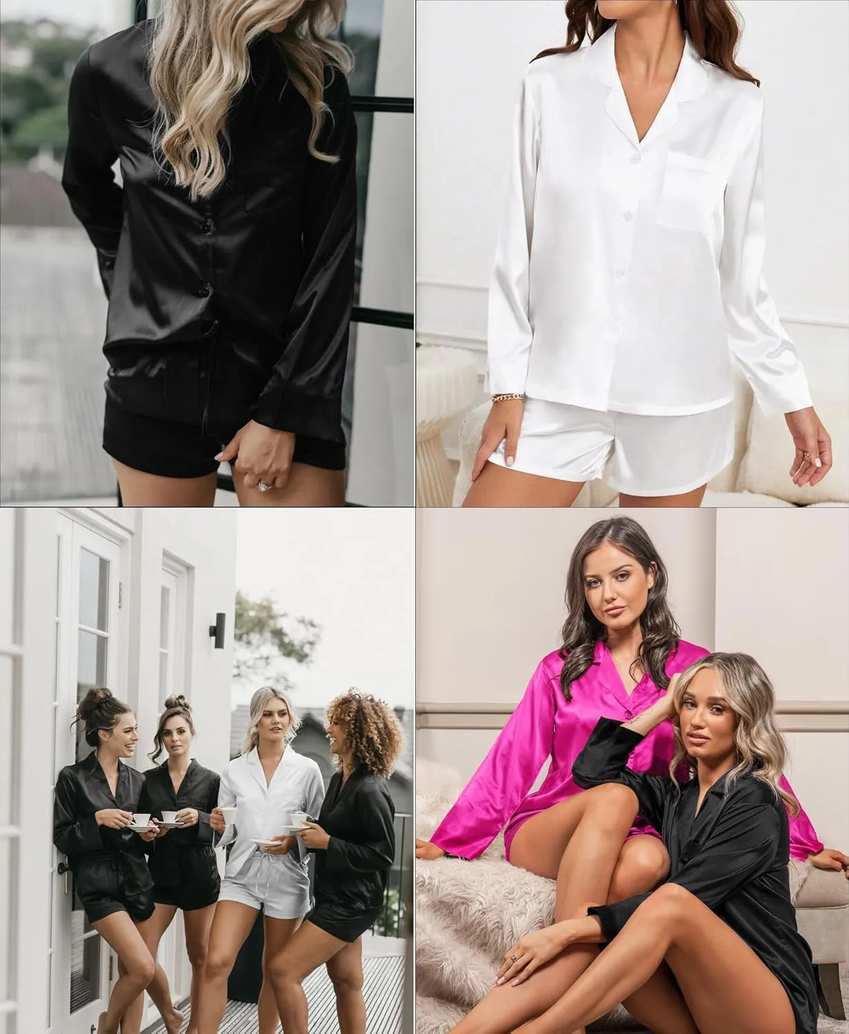 SWOMOG Womens 2 Piece Silk Satin Pajama Set Long Sleeve Lounge Sets Button Down Shirts and Shorts PJs Soft Sleepwear Set