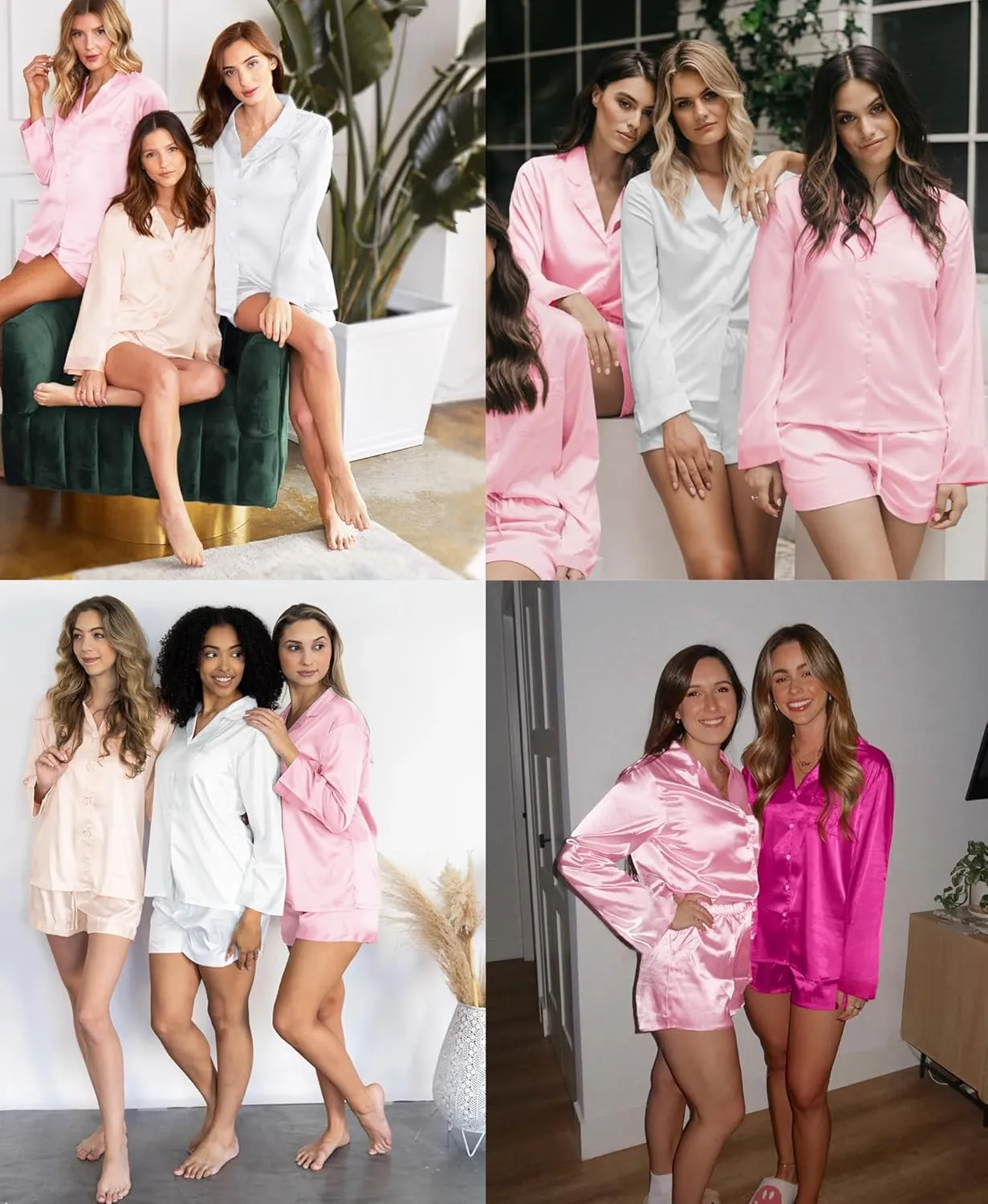 SWOMOG Womens 2 Piece Silk Satin Pajama Set Long Sleeve Lounge Sets Button Down Shirts and Shorts PJs Soft Sleepwear Set
