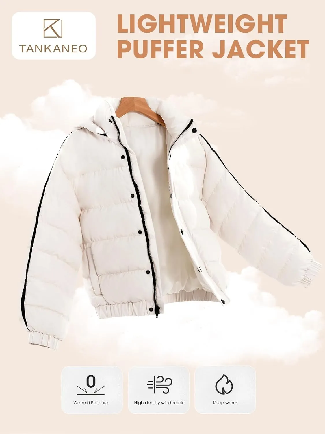 Tankaneo Womens Cropped Puffer Jacket Hooded Quilted Contrast Trim Short Down Coats Outerwear Winter Outfits