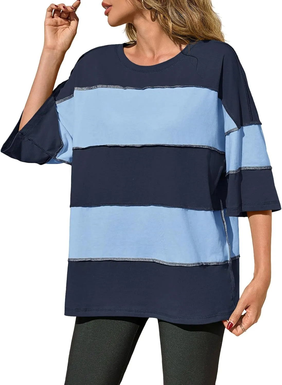 Tankaneo Womens Oversized Color Block Tshirts Half Sleeve Loose Fit Tops Summer Casual Crew Neck Exposed Seam Tee Shirts