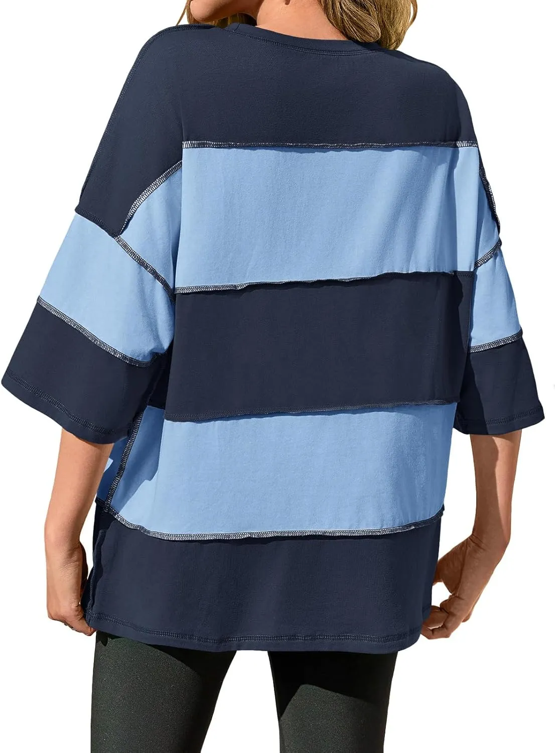 Tankaneo Womens Oversized Color Block Tshirts Half Sleeve Loose Fit Tops Summer Casual Crew Neck Exposed Seam Tee Shirts