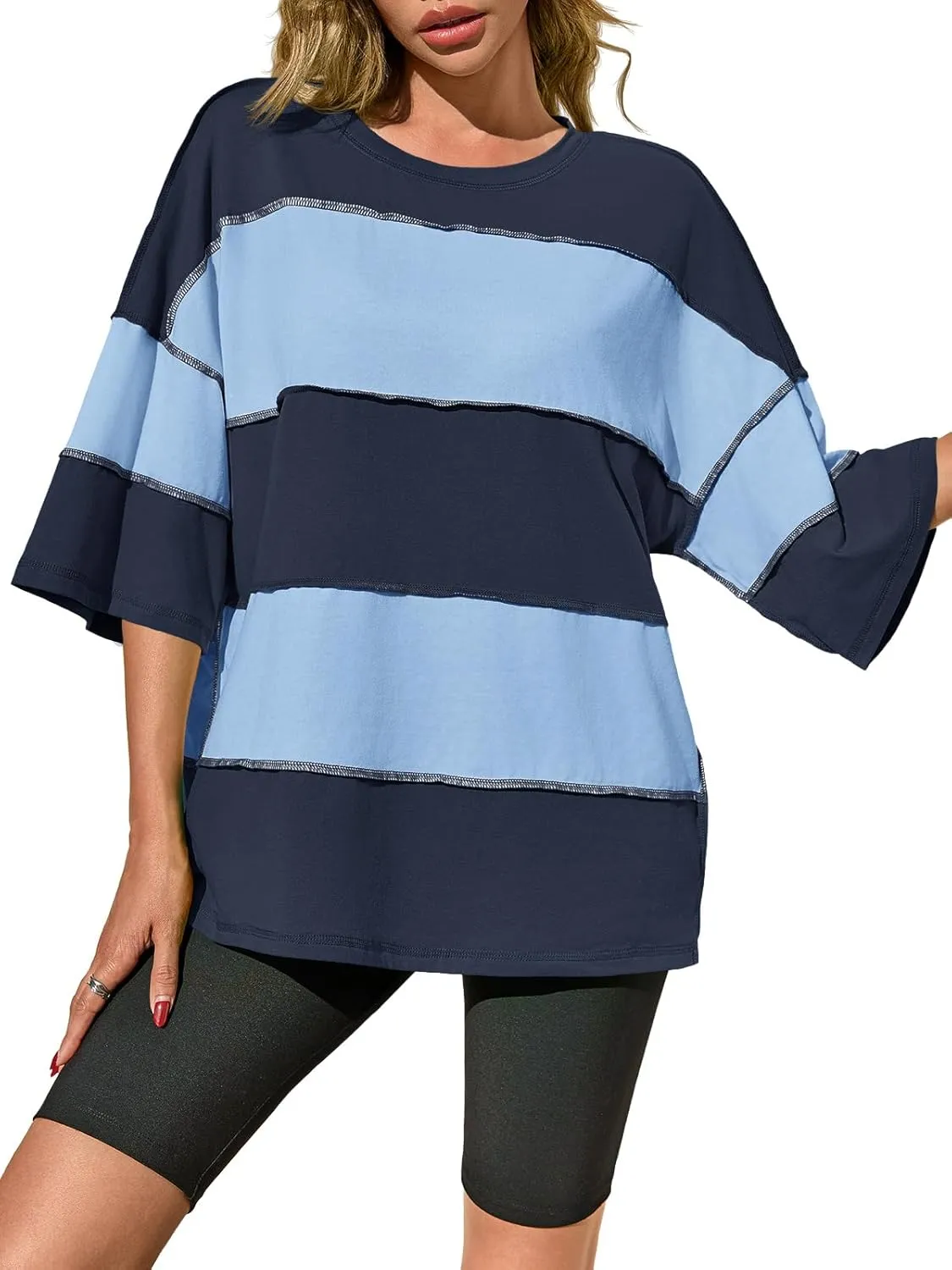 Tankaneo Womens Oversized Color Block Tshirts Half Sleeve Loose Fit Tops Summer Casual Crew Neck Exposed Seam Tee Shirts
