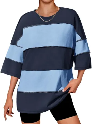 Tankaneo Womens Oversized Color Block Tshirts Half Sleeve Loose Fit Tops Summer Casual Crew Neck Exposed Seam Tee Shirts