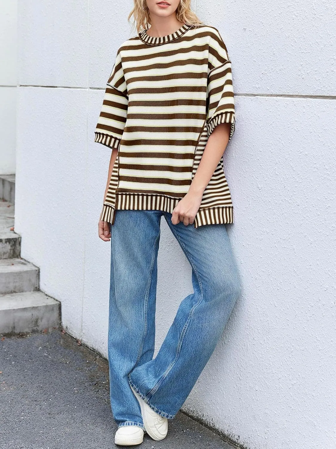 Tankaneo Womens Oversized Striped Shirt Summer Half Sleeve Tops Crew Neck Sweatshirts Casual Blouses