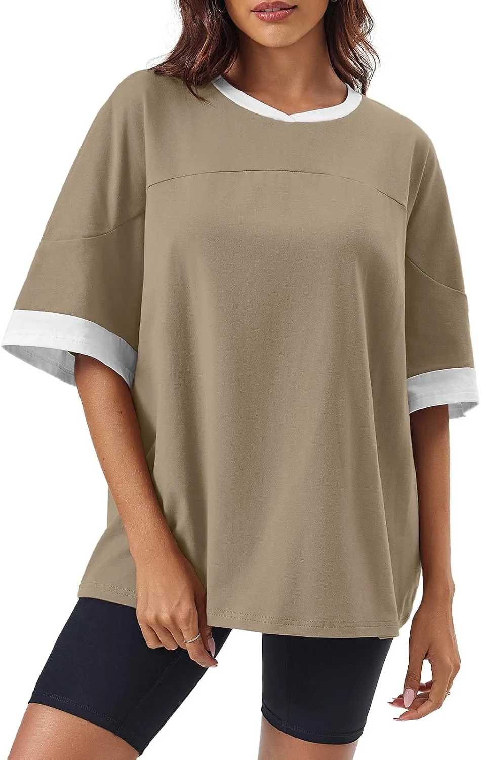 Tankaneo Womens Oversized T Shirts Casual Summer Short Sleeve Color Block Loose Fit Tunic Tops