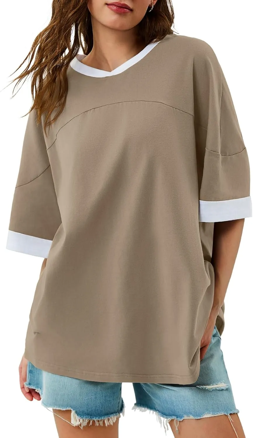 Tankaneo Womens Oversized T Shirts Casual Summer Short Sleeve Color Block Loose Fit Tunic Tops