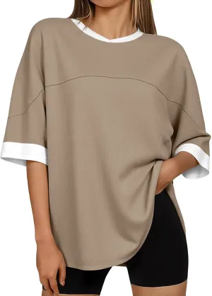 Tankaneo Womens Oversized T Shirts Casual Summer Short Sleeve Color Block Loose Fit Tunic Tops