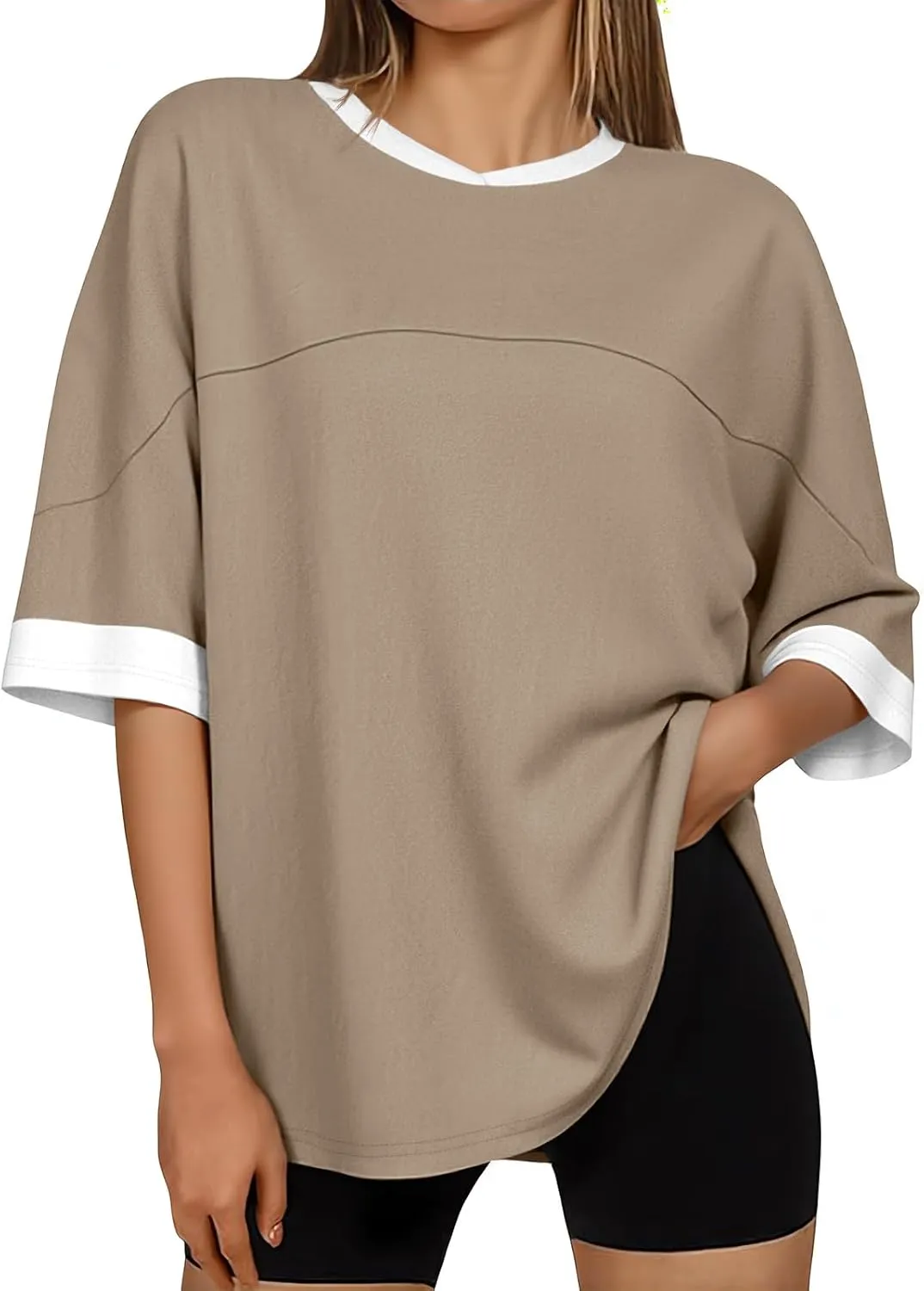 Tankaneo Womens Oversized T Shirts Casual Summer Short Sleeve Color Block Loose Fit Tunic Tops