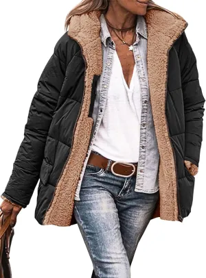 Tankaneo Womens Reversible Puffer Jackets Sherpa Lined Fleece Winter Coats Casual Zip Up Hooded Warm Outerwear