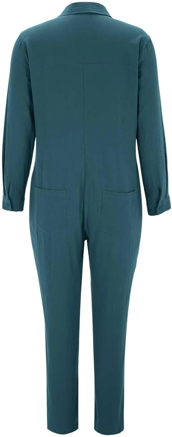 TIAFORD Women's Wide Leg Cotton Linen Jumpsuit Baggy Loose Long Sleeve Button Up Casual Jumpers Rompers with Pockets