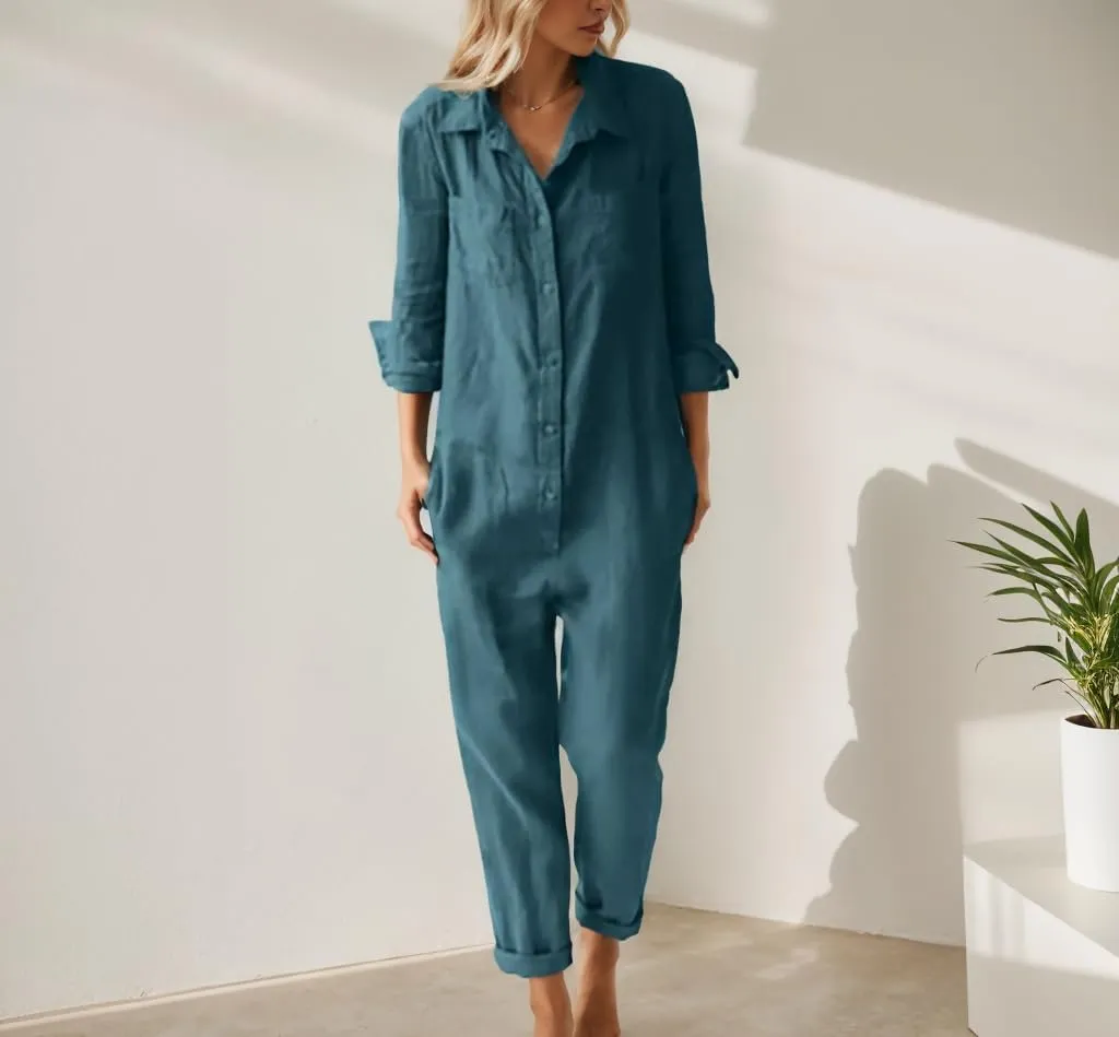 TIAFORD Women's Wide Leg Cotton Linen Jumpsuit Baggy Loose Long Sleeve Button Up Casual Jumpers Rompers with Pockets