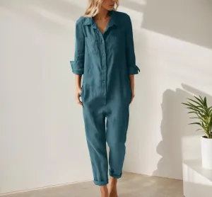 TIAFORD Women's Wide Leg Cotton Linen Jumpsuit Baggy Loose Long Sleeve Button Up Casual Jumpers Rompers with Pockets