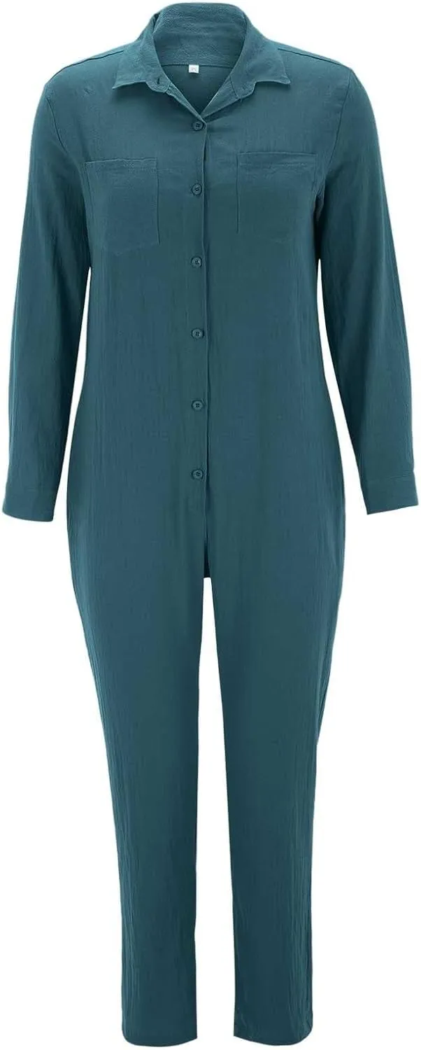 TIAFORD Women's Wide Leg Cotton Linen Jumpsuit Baggy Loose Long Sleeve Button Up Casual Jumpers Rompers with Pockets