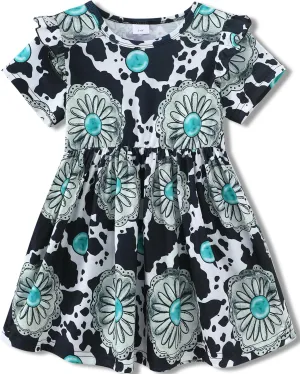 Toddler Girls Cute Print Summer Dresses Little Girl Ruffle Sleeve Twirly Swing Kids Dress with Pockets