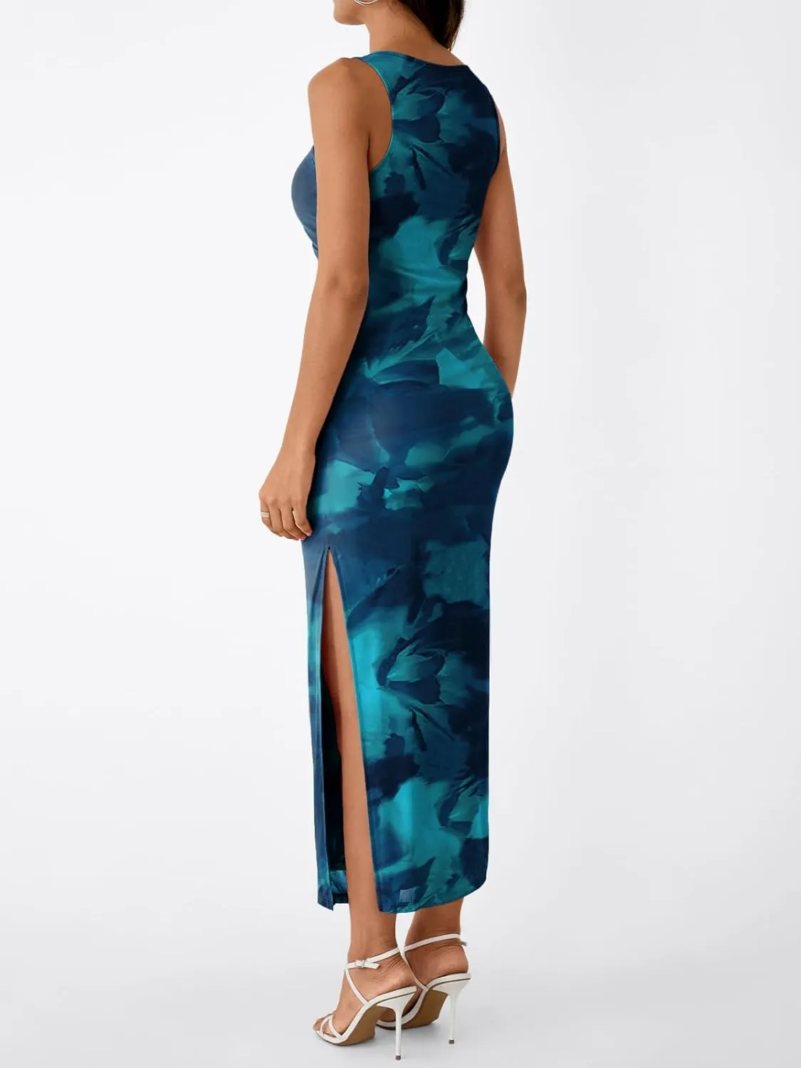 Trendy Queen Bodycon Maxi Dress Womens Sleeveless Floral Print Fitted Party Club Ruched Dresses with Side Slit