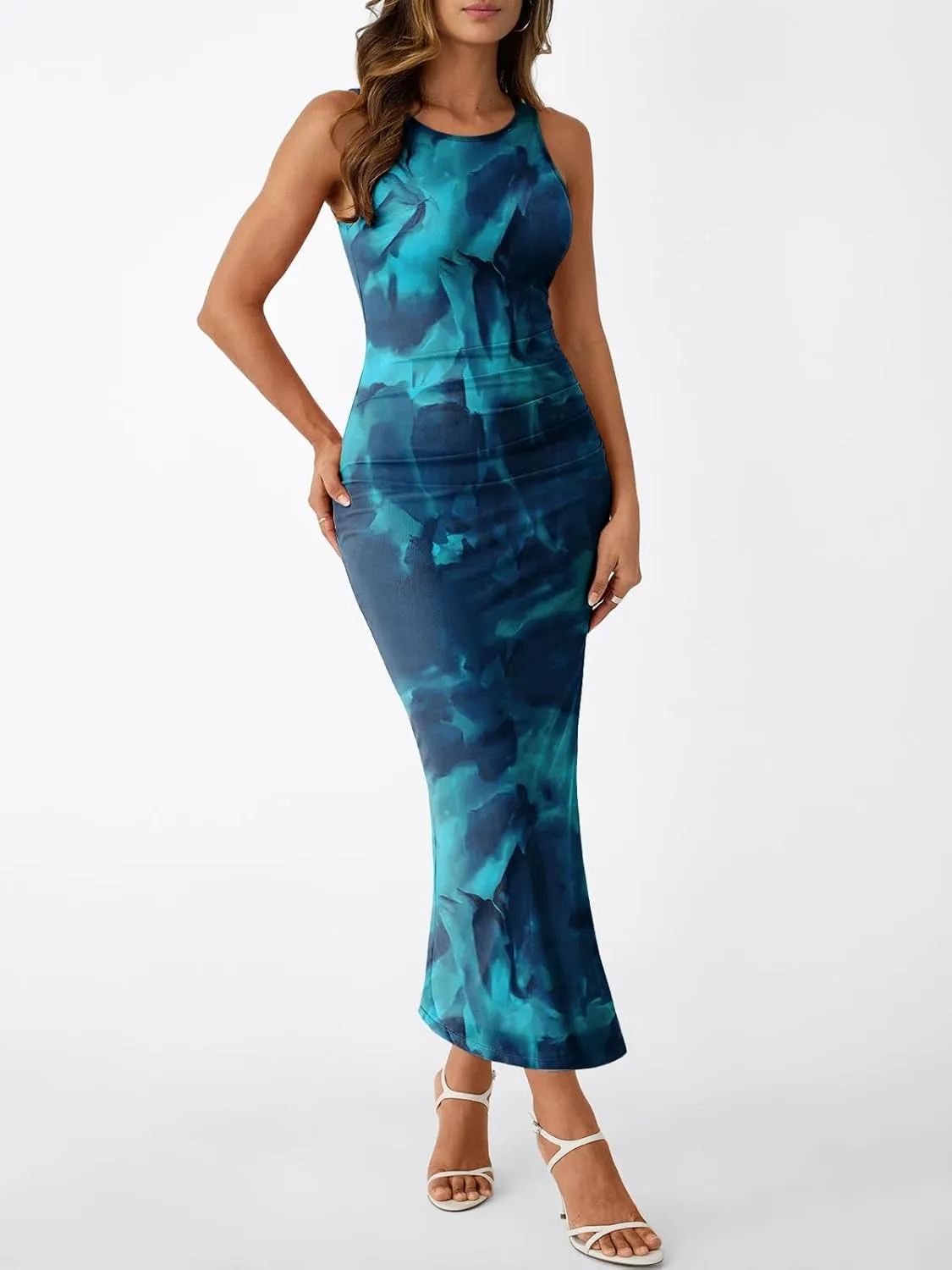 Trendy Queen Bodycon Maxi Dress Womens Sleeveless Floral Print Fitted Party Club Ruched Dresses with Side Slit