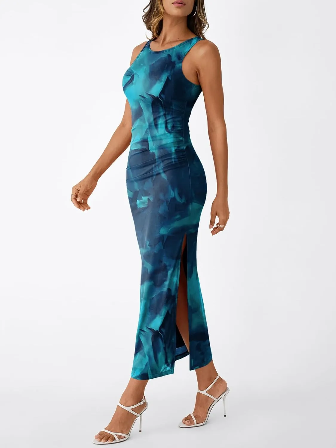 Trendy Queen Bodycon Maxi Dress Womens Sleeveless Floral Print Fitted Party Club Ruched Dresses with Side Slit