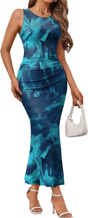 Trendy Queen Bodycon Maxi Dress Womens Sleeveless Floral Print Fitted Party Club Ruched Dresses with Side Slit