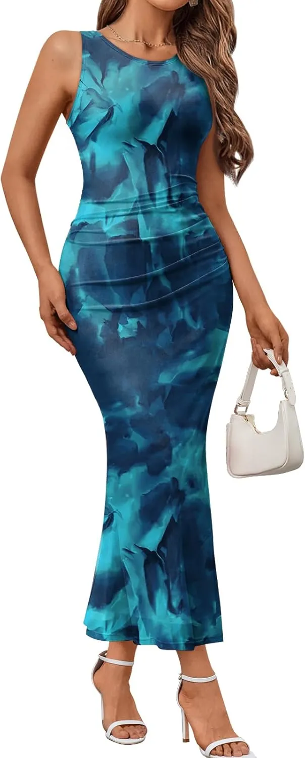 Trendy Queen Bodycon Maxi Dress Womens Sleeveless Floral Print Fitted Party Club Ruched Dresses with Side Slit
