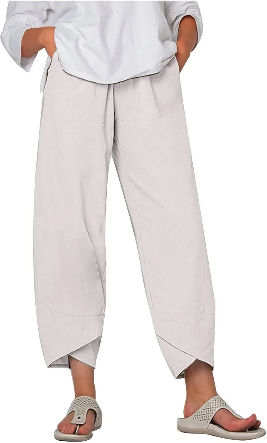 Trendy Womens Summer Capri Pants Casual Comfy Baggy Palazzo Trouser Pants with Pocket