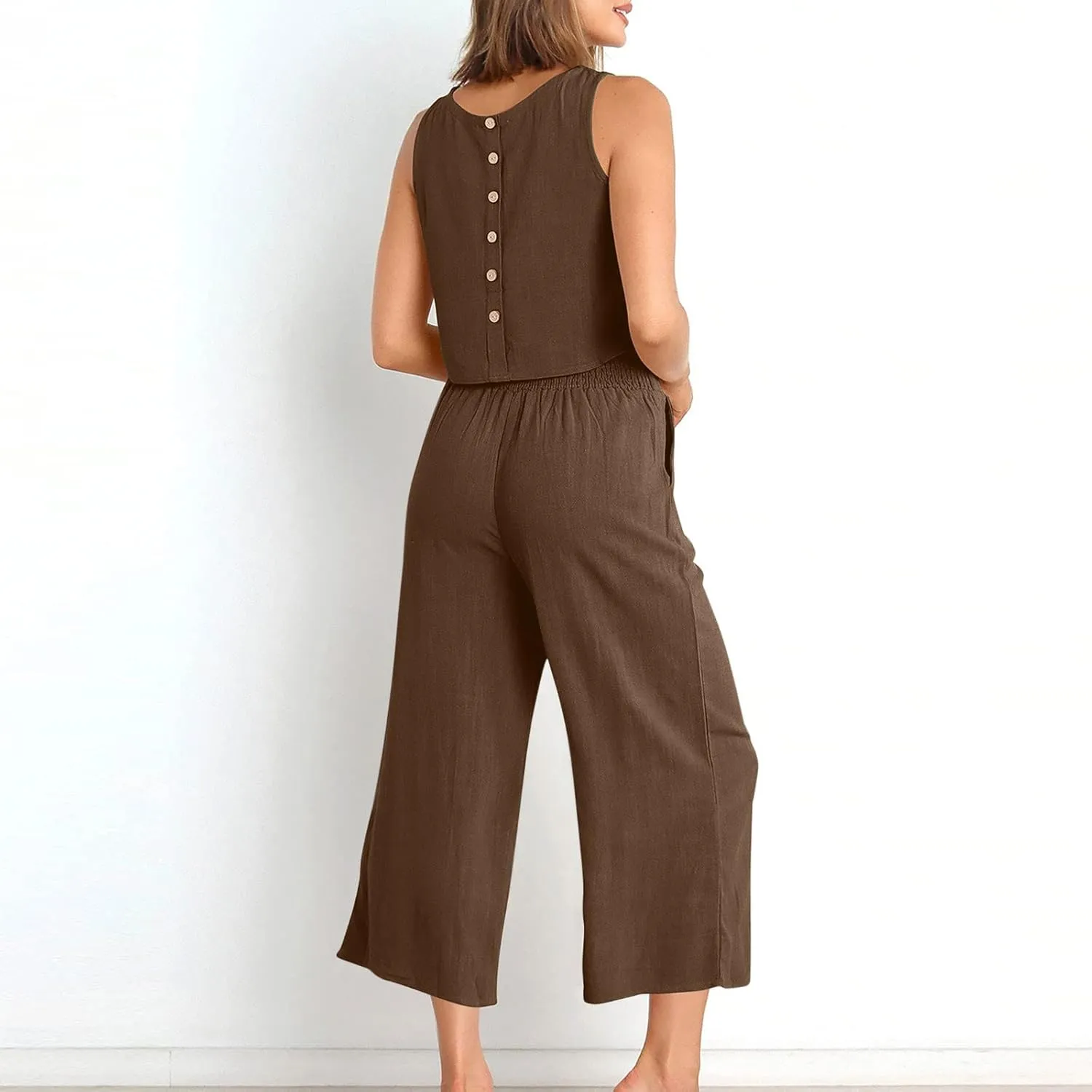 Two Piece Sets for Women Summer Vacation Outfits Sleeveless Crop Top Wide Leg Pants Lounge Beach Travel Clothing
