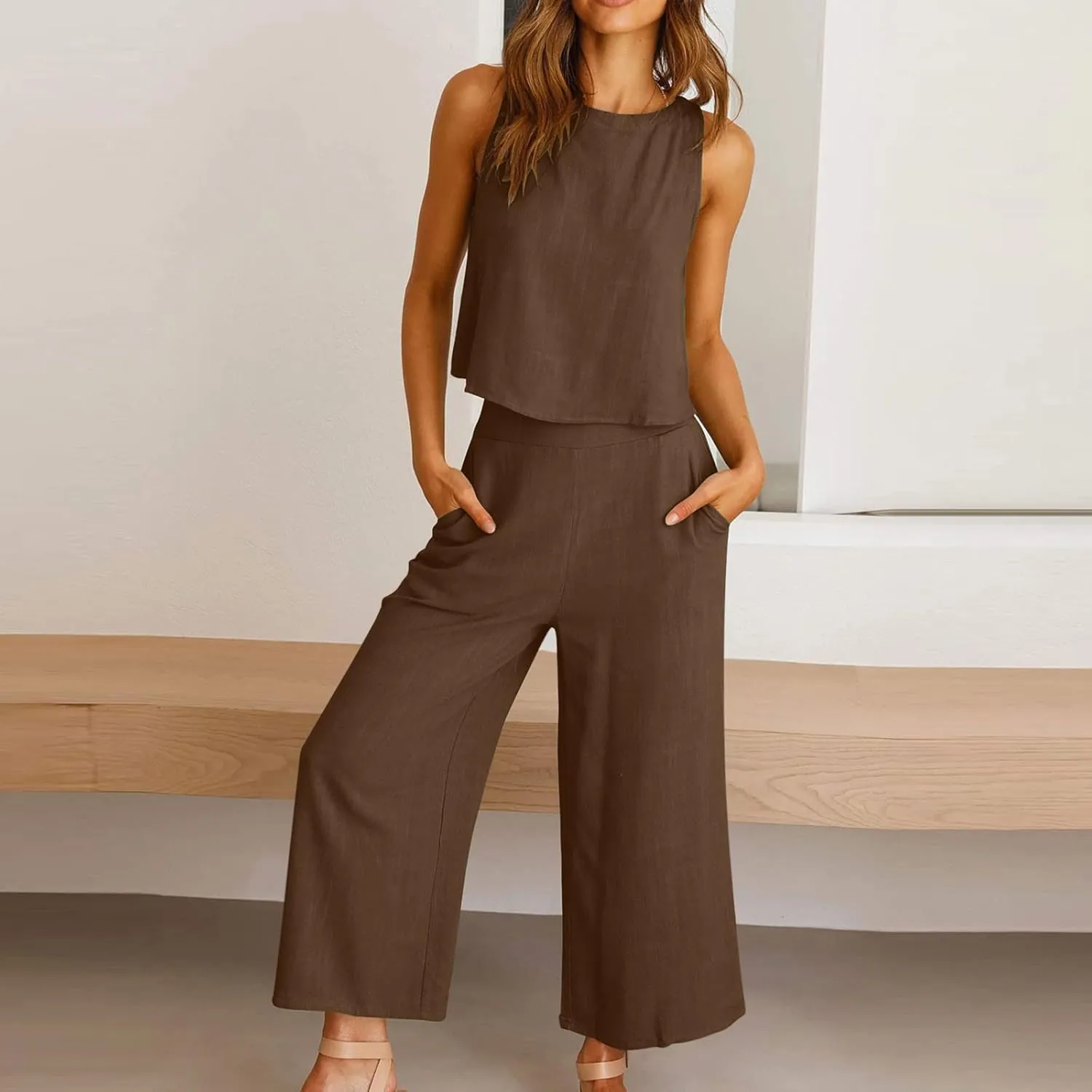Two Piece Sets for Women Summer Vacation Outfits Sleeveless Crop Top Wide Leg Pants Lounge Beach Travel Clothing