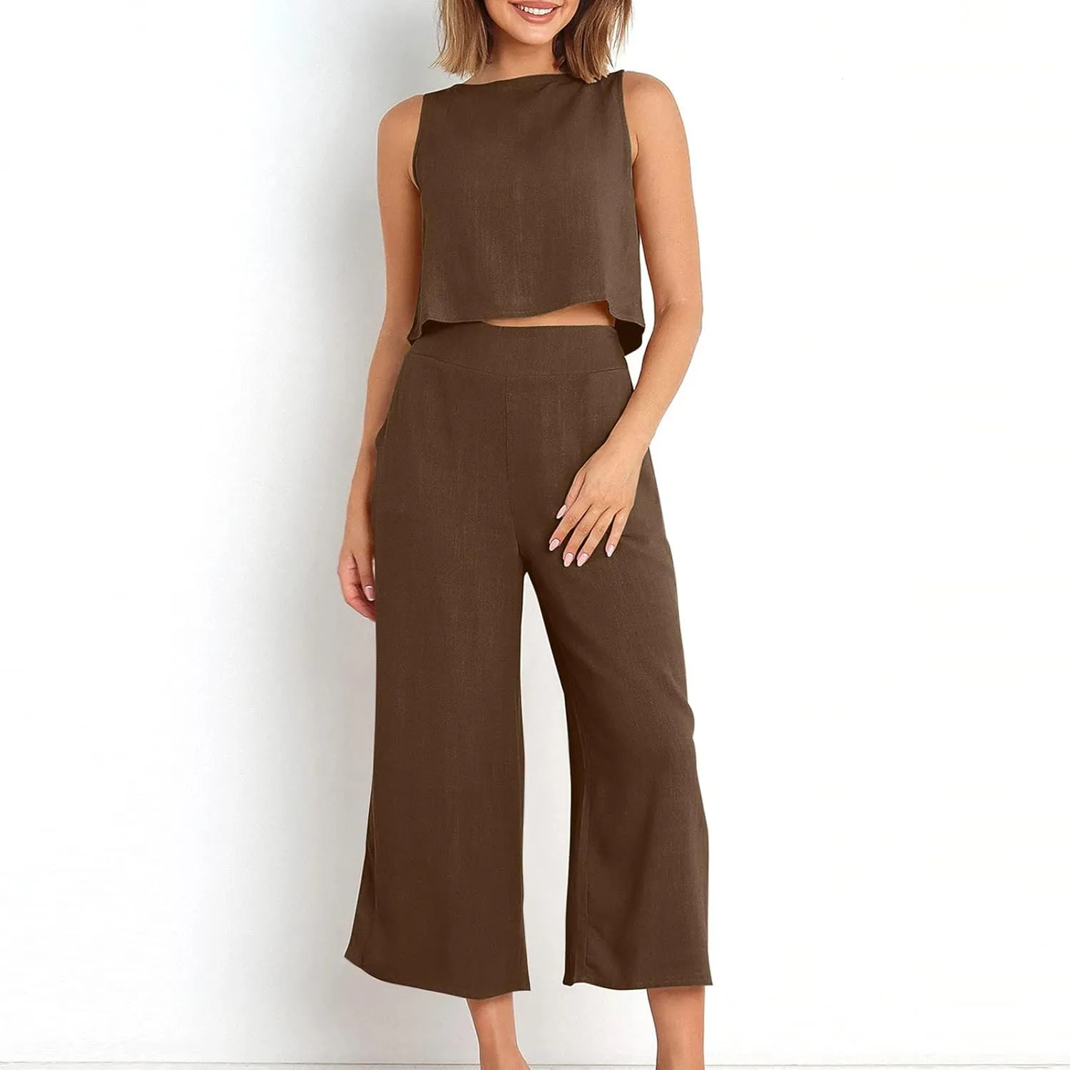 Two Piece Sets for Women Summer Vacation Outfits Sleeveless Crop Top Wide Leg Pants Lounge Beach Travel Clothing